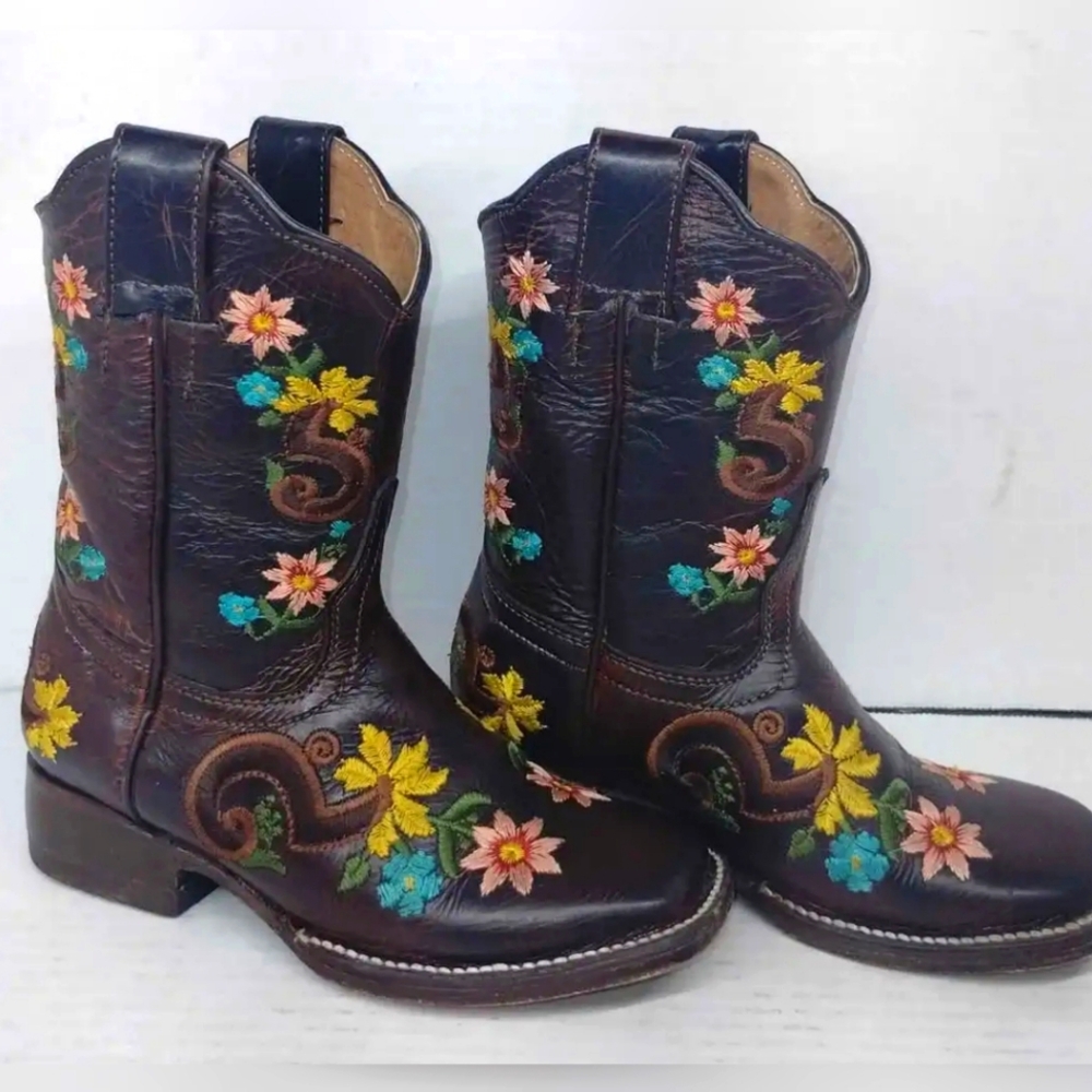 Embroidered Brown Kids Cowboy Boots